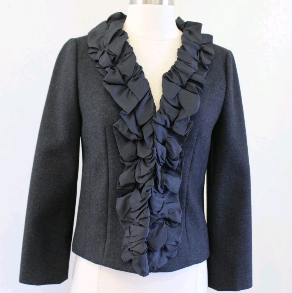 J. Crew Dark Gray Wool Ruffle Trim Chimera Blazer Jacket Professor Academic 4